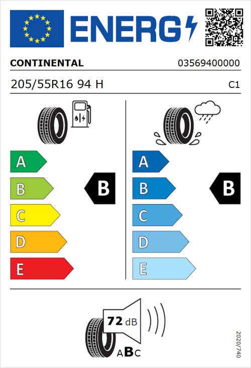 Tyre Label for Continental ContiEcoContact 5 Seal 205/55R16 94H