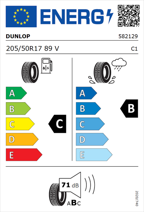 Tyre Label for Dunlop Sport BluResponse 205/50R17 89V